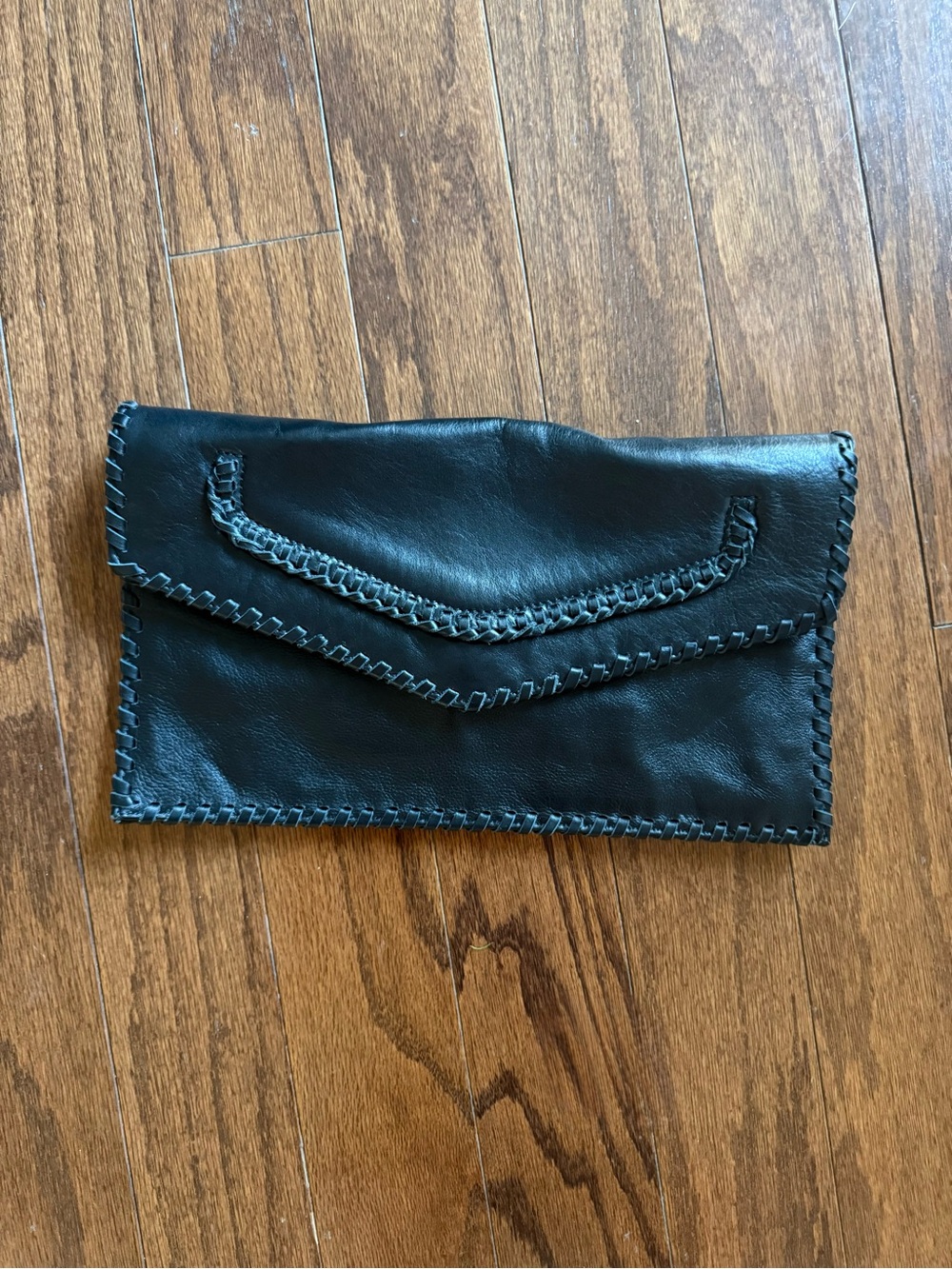 Sondra Roberts Black Whipstitch Leather Envelope Clutch